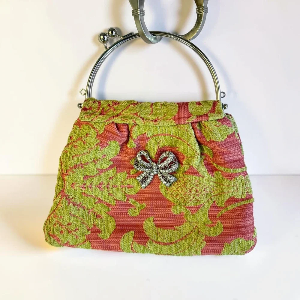 Vintage Kiss-Lock Purse S Pink Green Chenille Damask Rhinestone Bow Coquette Bag